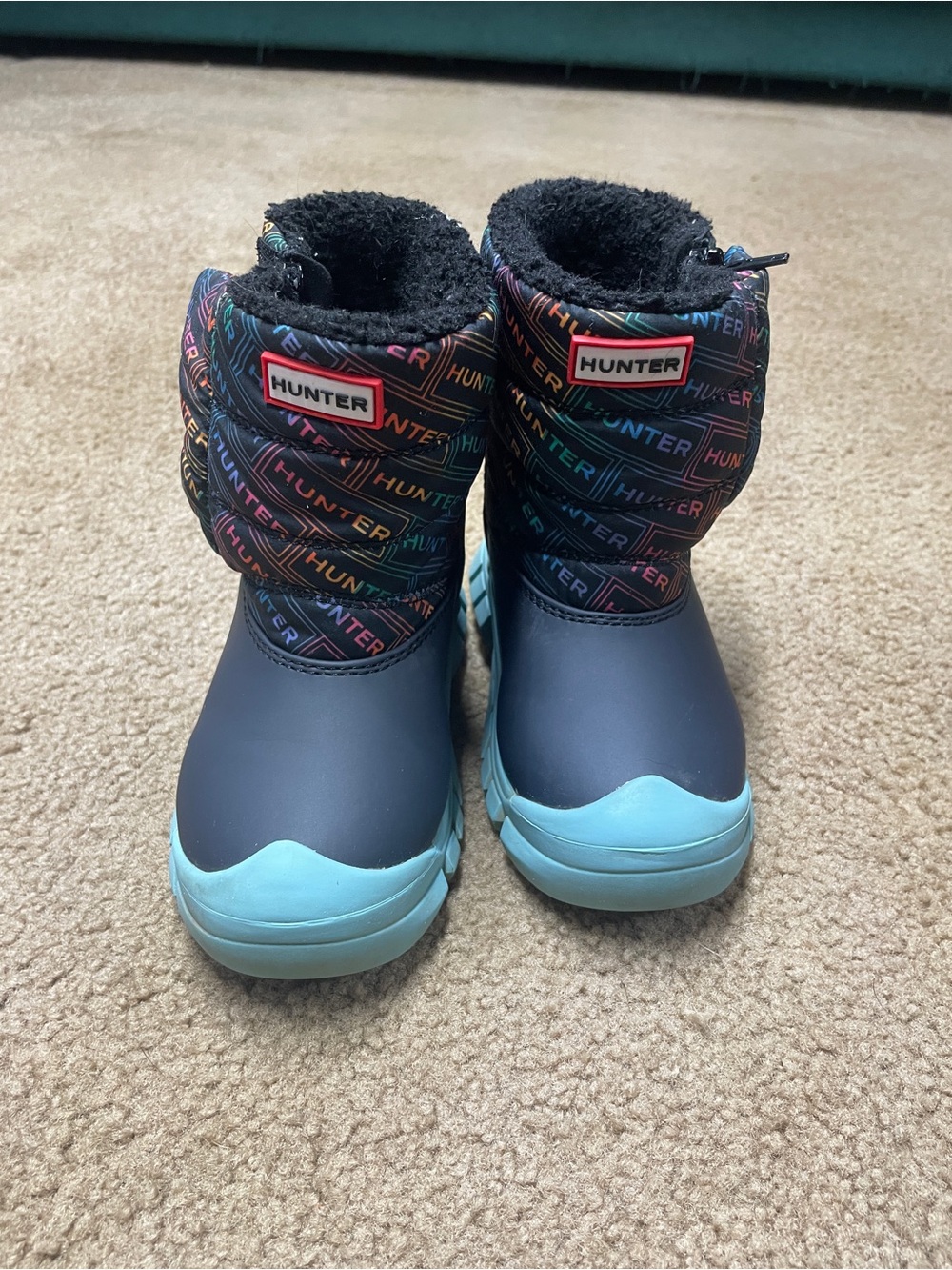 Hunter Kids Navy Boots with Aqua Soles and Multicolor Logo Cuff